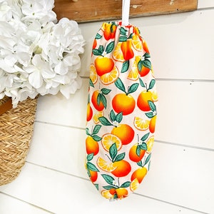 Oranges on dot plastic bag holder, hanging bag holder, plastic bag dispenser, kitchen bag storage, recycle bag holder, grocery bag holder
