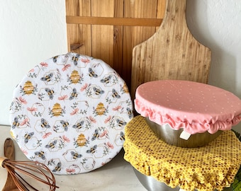 Embroidered Bees Bowl Cover Set, Reusable Bowl Cover, Fabric Bowl Cover, Bread Proofing Cover, Washable Bowl Cover, Gift for Bakers,