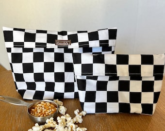 Microwavable Black Checker Popcorn Bag, Reusable Popcorn Bag, Reusable snack bag, Gift for Mom,
