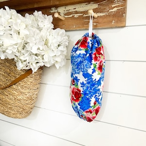 Heritage Floral Plastic bag holder, hanging bag holder, plastic bag dispenser, kitchen bag storage, recycle bag holder, grocery bag holder