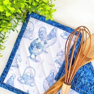 Casserole Hot Pad, Oversized Quilted Hot pad, Blue chickens Hot Pad, Large Trivet, Reversible Kitchen Hot Pad, Hostess Gift,