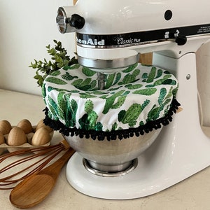 Cactus KitchenAid Mixer Bowl Cover: Pom Pom Trim, Fits 4.5-5 Qt Bowl