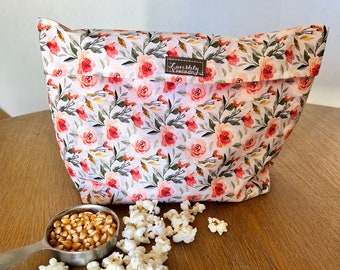 Microwavable Pink Floral Popcorn Bag, Reusable Popcorn Bag, Gift for College Students,