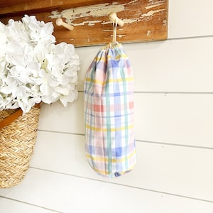 Spring plaid Plastic bag holder, hanging bag holder, plastic bag dispenser, kitchen bag storage, recycle bag holder, grocery bag holder