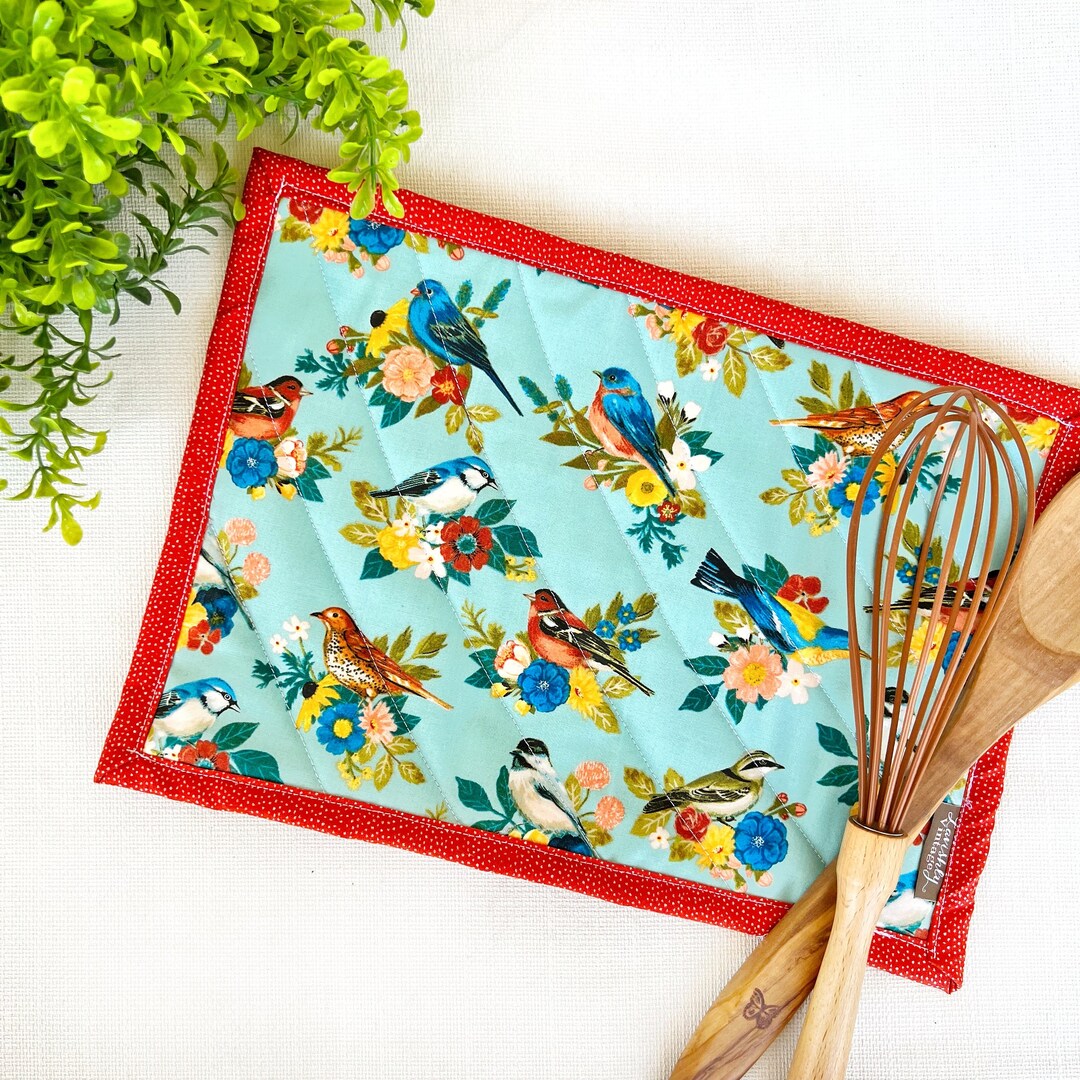 Casserole Hot Pad, Oversized Quilted, Birds on Aqua Hot Pad, Large