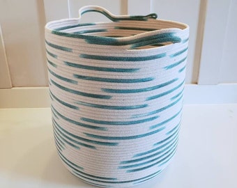 XL Teal and White Rope Basket with Handles