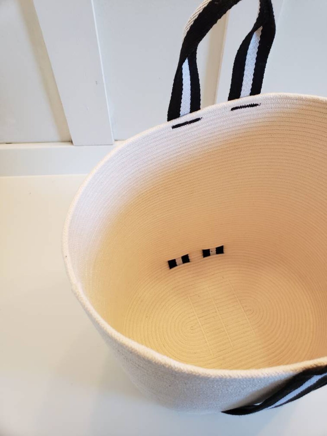 Handmade White Rope Bucket Bag With Black Handles Etsy