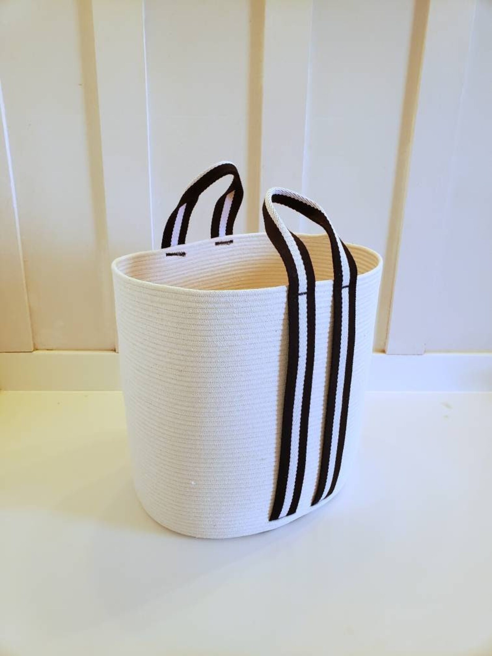 Handmade White Rope Bucket Bag With Black Handles Etsy