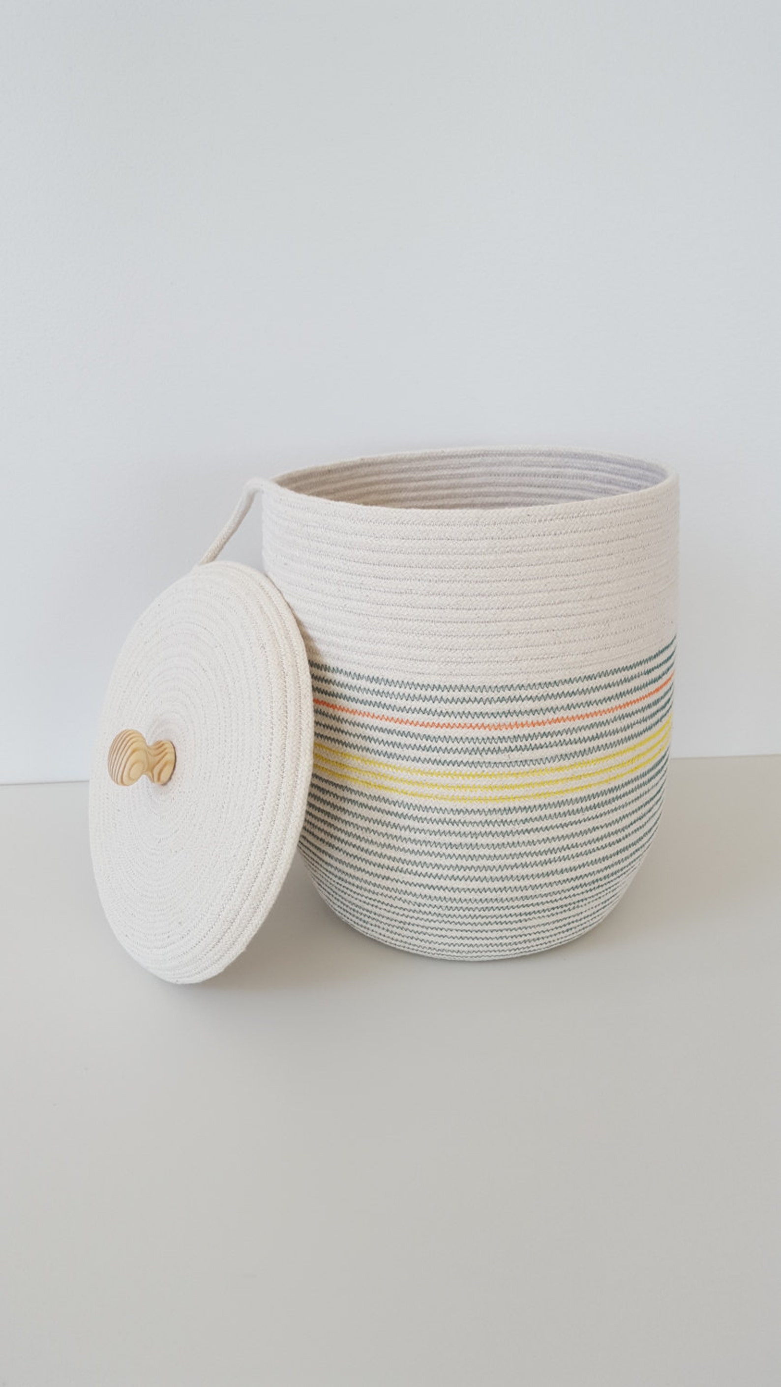 Tall Teal Striped Rope Basket with Lid Etsy