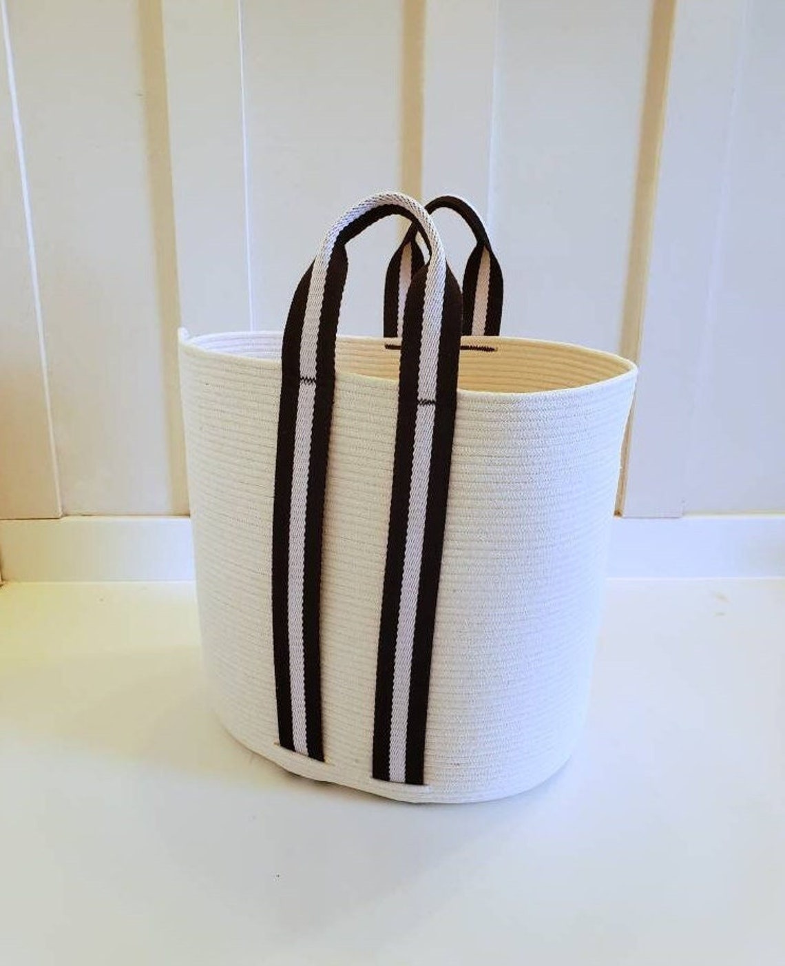 Handmade White Rope Bucket Bag With Black Handles Etsy