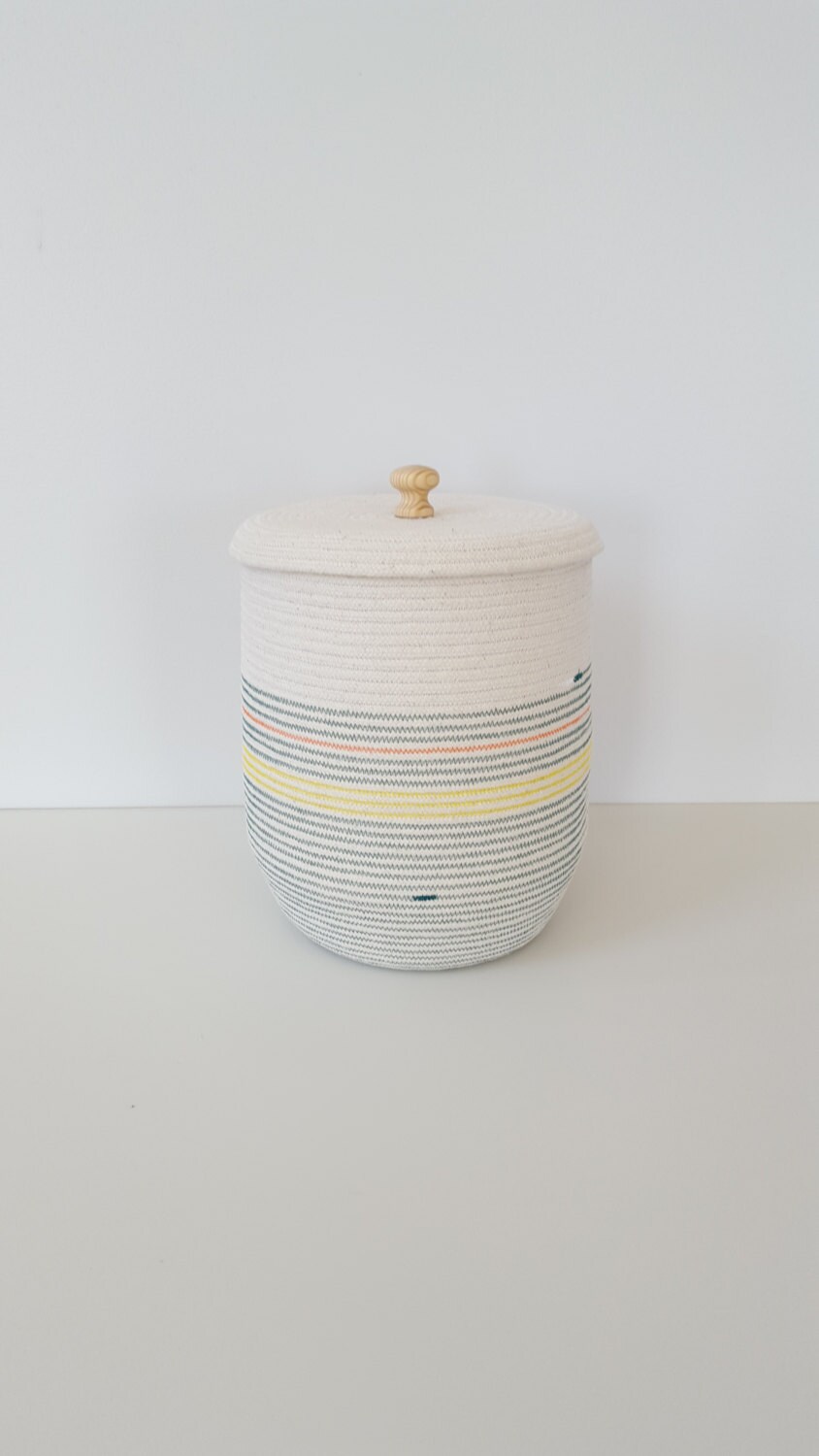 Tall Teal Striped Rope Basket with Lid Etsy