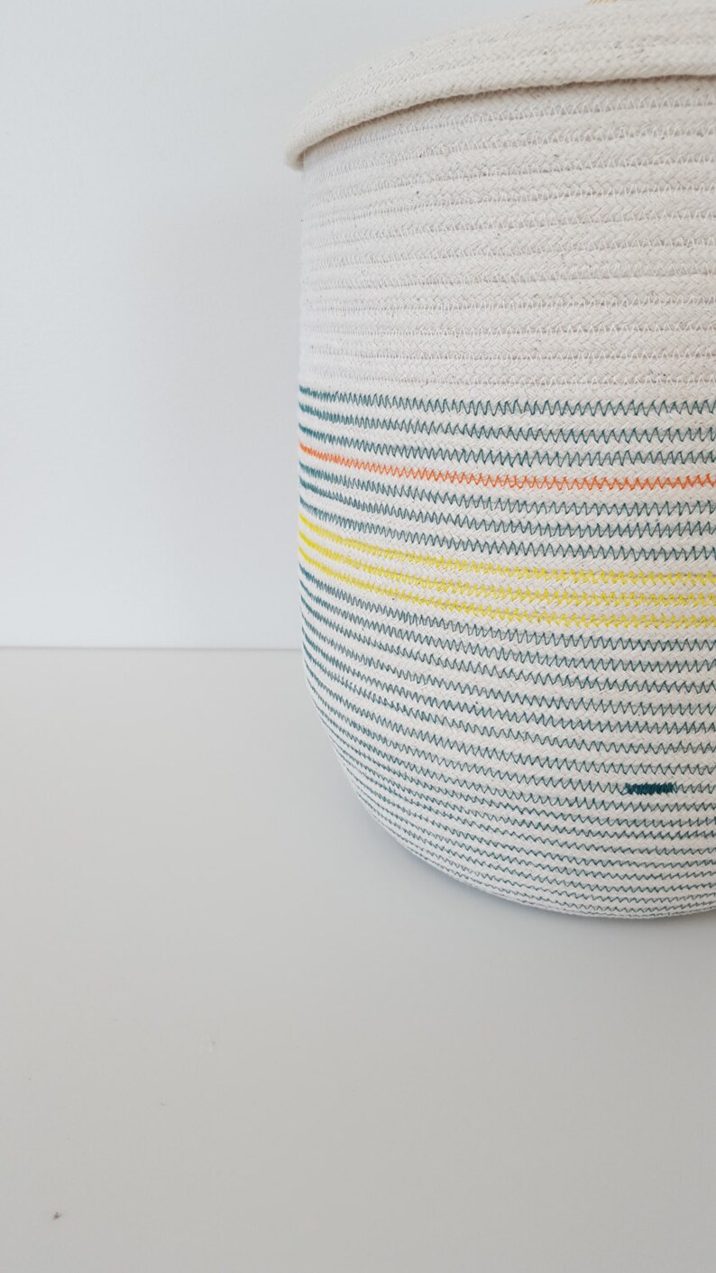Tall Teal Striped Rope Basket with Lid Etsy