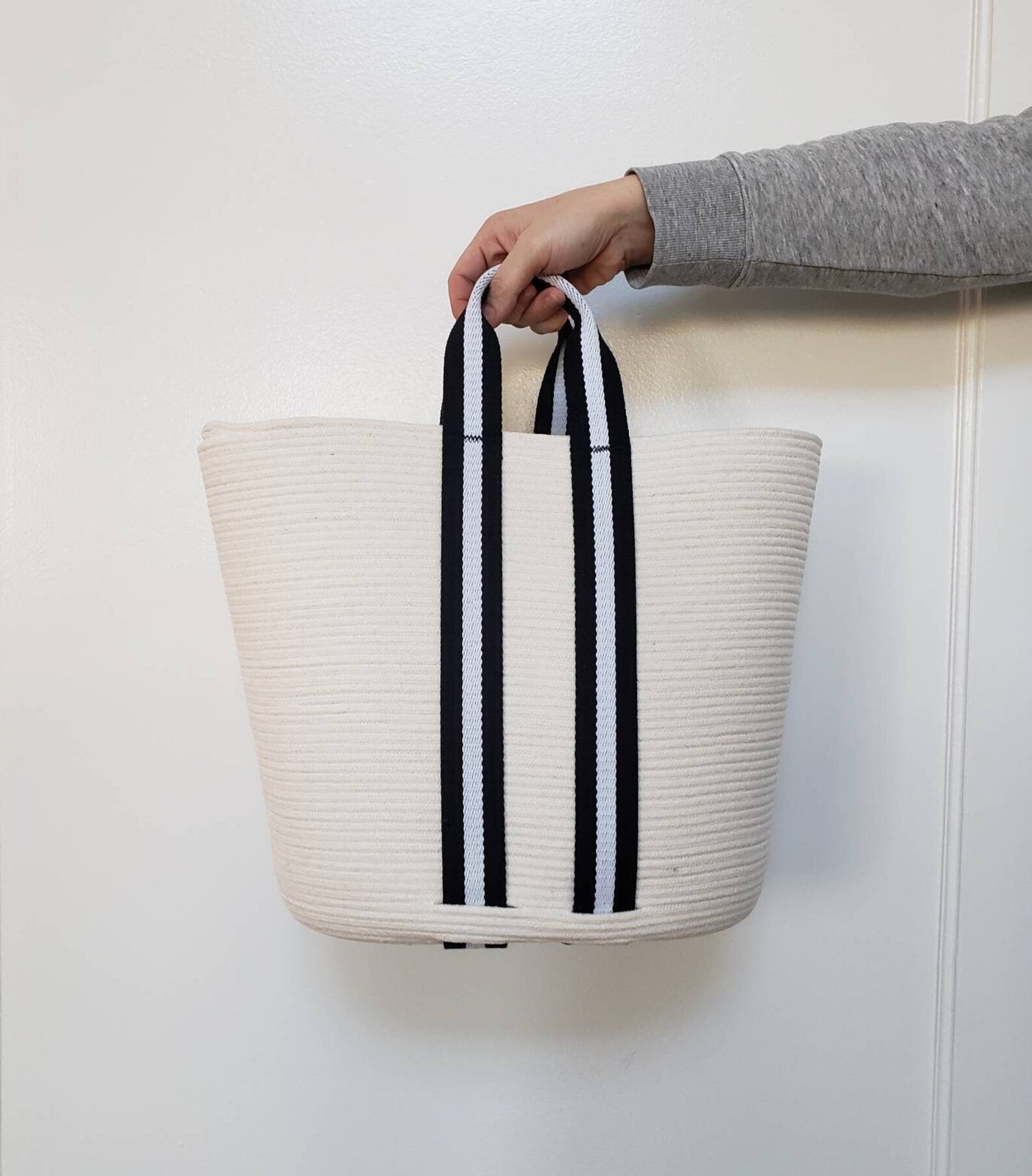 Handmade White Rope Bucket Bag With Black Handles Etsy