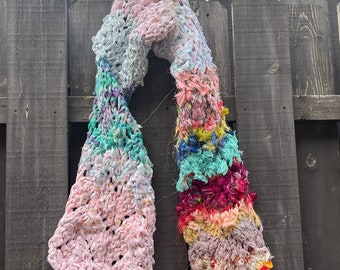 Upcycled Hand Knit Scarf / Long Scarf made from Textile Waste and rhinestones