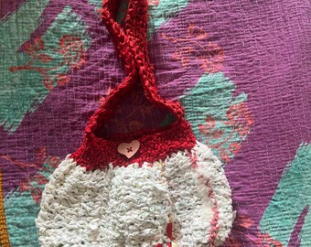 Upcycled Hand Knit boho purse  / crossbody bag  with upcycled fabric and ribbons