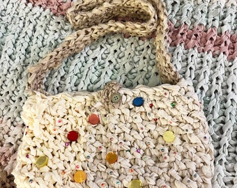 Upcycled Hand Knit purse / cross body bag with upcycled beads and faux pearls