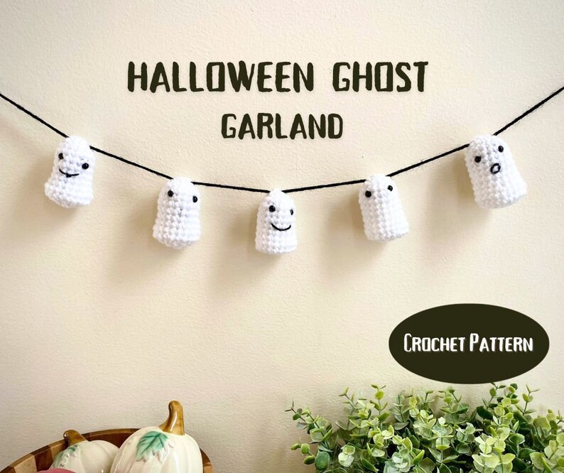 Mini Ghost Garland crochet pattern listing photo by MeganADesigns