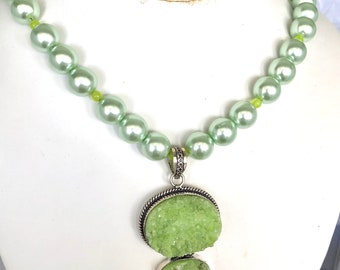 Vintage Inspired Druzy Green Agate Pendant Earrings Necklace Set