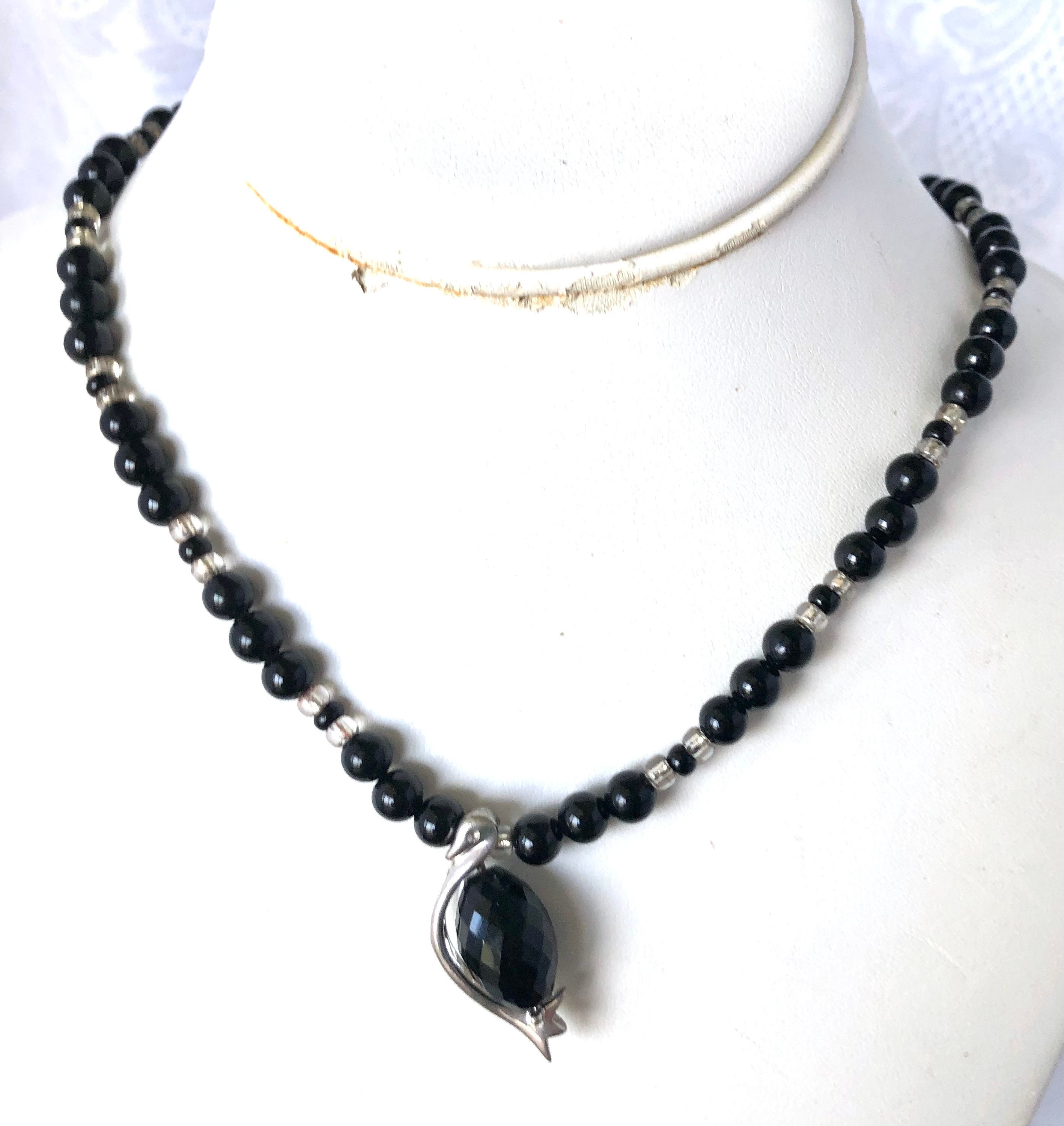 Collier Multi-Rangs Vintage - Pierres D'Onyx Ou Verre Noir - Occasion