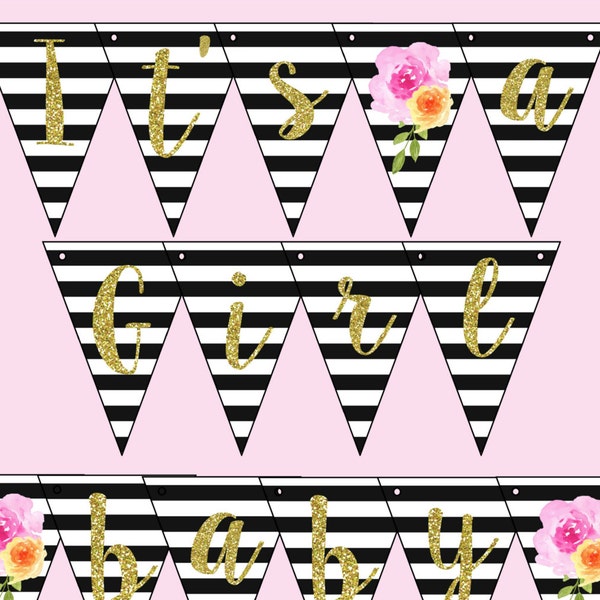 Baby Shower Banner. It's A Girl Banner. Black White Stripe Flower Banner Instant Digital Download. Black & White, Pink Orange Flower