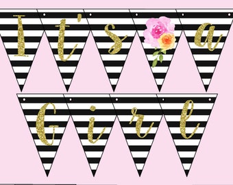 Baby Shower Banner. It's A Girl Banner. Black White Stripe Flower Banner Instant Digital Download. Black & White, Pink Orange Flower