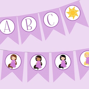 Full Alphabet Rapunzel Banner. Includes Alphabet, Numbers, Rapunzel Choices. Instant Digital Download. Purple Birthday Banner.