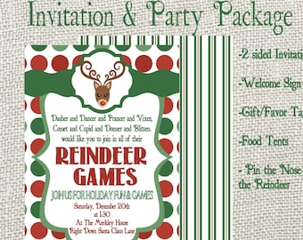 Reindeer Games Party Invitation and Party Package. Invitation, Pin the Nose on the Reindeer, Gift Tags & More. Printable Invitation