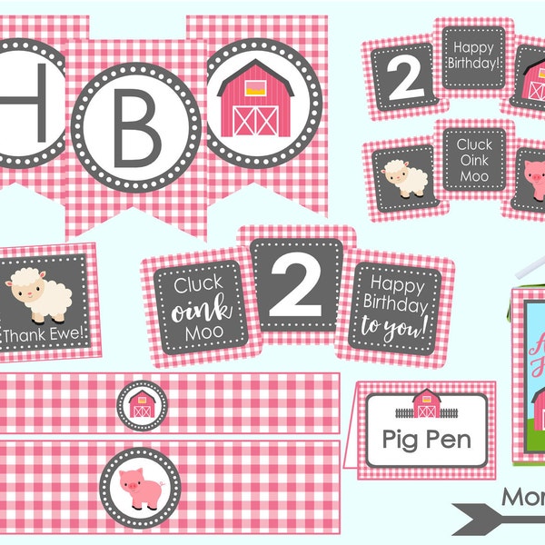 Pink Farm Birthday Party Decoration Package. Instant Digital Download. Pink Farm Party Decorations. Cluck, Oink, Moo. Pink & Gray Farm Party