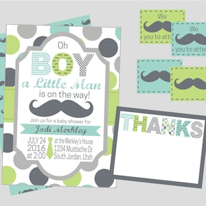 Conjunto de convites para chá de bebê de homenzinho. Inclui convite digital, cartão de agradecimento, selos de envelope, chá de bebê de bigode, festa de bigode.