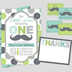 Convite de aniversário do homenzinho. Aniversário do bigode, festa do bigode. Conjunto de convite digital incluindo: cartão de agradecimento e selos de envelope.