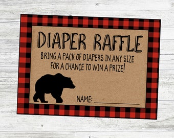 Diaper Raffle Card for Lumberjack Baby Shower. Instant Digital Download. Diaper Raffle for Mountain, Christmas, Winter, Bear Baby Shower