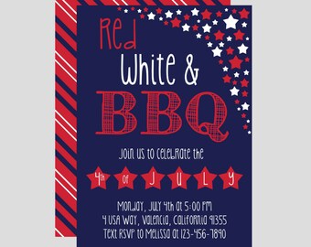 4th Of July BBQ Party Invitation. Red White and BBQ. Barbecue, Party, 4th of July, Memorial Day, Digital Invitation.