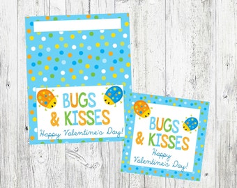 Bugs & Kisses Valentine's Day Bag Toppers and Tags. Instant Digital Download. Bug Valentines for Class Party, Valentine Exchange.