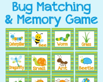 Bug Fun Memory and Matching Game. Instant Digital Download. Flash Card, Memory or Matching. Preschool, Toddler Game, Activity.