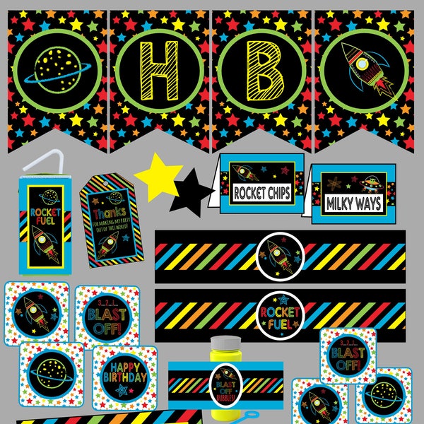 Space Birthday Party Invitation Package. Outter Space, Rocketship, Alien Birthday Party Decorations Instant Digital Download Printable Party