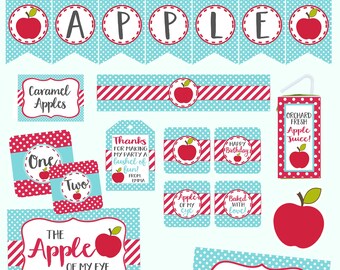 May include: Printable party decorations for an apple-themed birthday party. The decorations feature red apples, blue and white polka dots, and red and white stripes. The text includes "Apple Orchard", "Caramel Apple Bar", "A Whole Bushel of Fun", and "The Apple of My Eye".