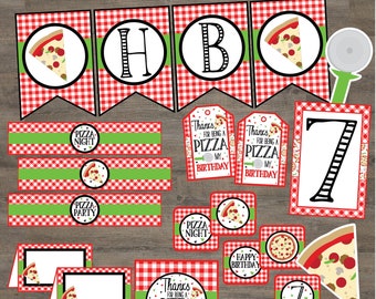 Pizza Party Printable Decoration Package. Pizza Birthday Party Decor. Instant Digital Download Incl. Banner, Favor Tags & More!