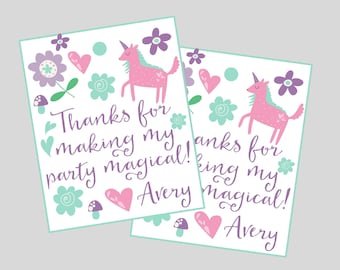 Étiquette personnalisée de cadeau licorne. Étiquette de fête d'anniversaire licorne fantaisiste. Merci d'avoir rendu ma fête magique. Fête d'anniversaire de licorne