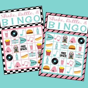 Bingospel Soda Shop. Afdrukbare bingoset uit de jaren 50. Inclusief 12 spelkaarten, visitekaartjes en oproepbriefje. Jaren 50, retro instant digitale download