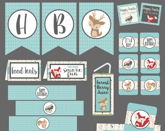 Woodland Party Package. Printable Party Package for Woodland Birthday Party or Baby Shower. Instant Digital Download