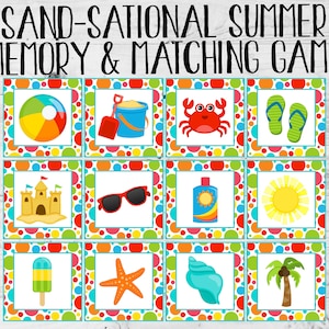Juego de memoria y asociación de verano Sand-Sational. Juego de fiesta en la playa. Descarga digital instantánea. Úselo como juego de memoria, juego de asociación o tarjetas didácticas