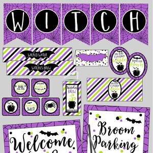 May include: A set of printable Halloween party decorations featuring a purple and green color scheme with spiderwebs, bats, and cauldrons. The text includes "Witch", "Wicked Water", "Witches Brew", "Double Toil and Trouble", "Something Wicked This Way Comes", "Welcome Witches", and "Broom Parking".