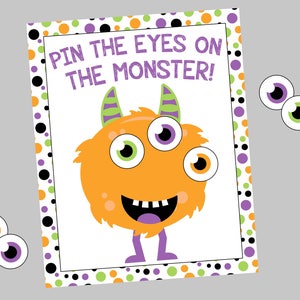 Pin The Eyes on the Monster. Printable Halloween Party Game, Monster Birthday Party Game Poster Sizes 11x14  16x20 Instant Digital Download.