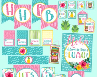 Puede incluir: Un conjunto de decoraciones de fiesta imprimibles para una fiesta con temática de luau. Las decoraciones incluyen pancartas, letreros y etiquetas con texto como "Aloha", "Let's Hula", "Mahalo" y "Take a Lei". Las decoraciones están en un esquema de color tropical de rosa, azul, verde y amarillo.