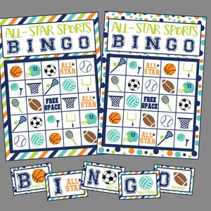 All Star Sport Bingo Spiel. Ausdruckbare Bingo Spiele Set Inkl. 12 Spielkarten & Calling Cards. Basketball, Baseball, Football, Fußball, Sport