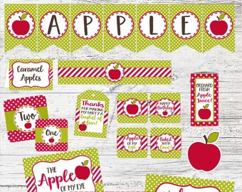 Pacchetto di decorazioni stampabili per la festa delle mele. Festa delle mele verdi e rosse: la mela dei miei occhi, la raccolta delle mele, la festa del frutteto di mele. Pacchetto digitale per la festa.
