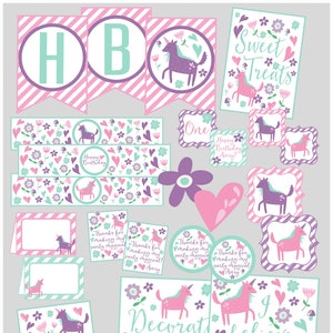 Whimsical Unicorn Birthday Party Package. Pink, Purple, Aqua Unicorn Party Decorations. Printable. Banner, Water bottle, cupcake toppers