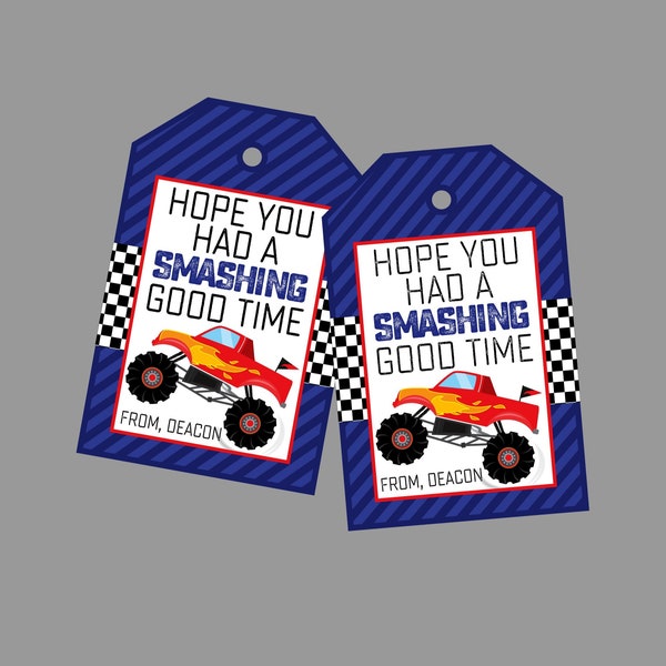 Personalized Monster Truck Party Favor Tags. Hope You Had A Smashing Good Time.. Smash & Crash Party Favor Tags. PRINTABLE favor Tags