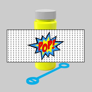 May include: A yellow bottle of bubble solution with a white lid and a blue and red comic book style "POP!" graphic. A blue bubble wand is included.