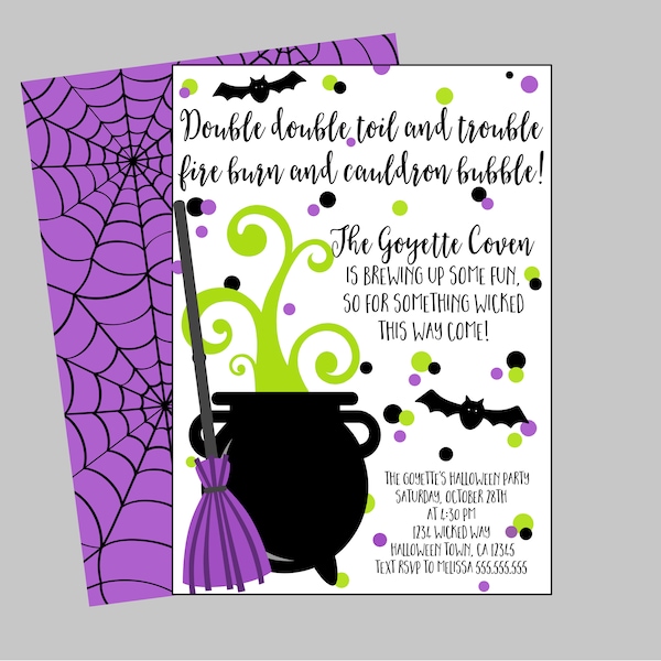 Invitación para fiesta de Halloween de brujas. Doble doble trabajo y problemas. Algo malvado está por llegar. Invitación personalizada para fiesta de brujas imprimible